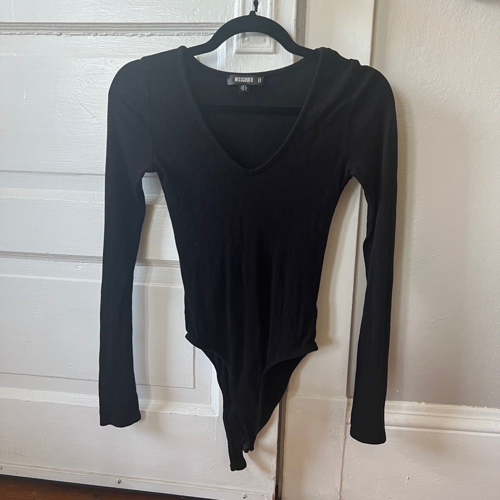 Missguided black ribbed long sleeve body suit
